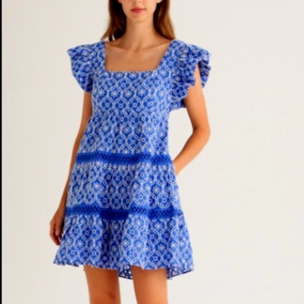 Nwt Womens Lilly Pulitzer Morrie Ruffle Sleeve Blue Flutter Eyelet Dress Size 12